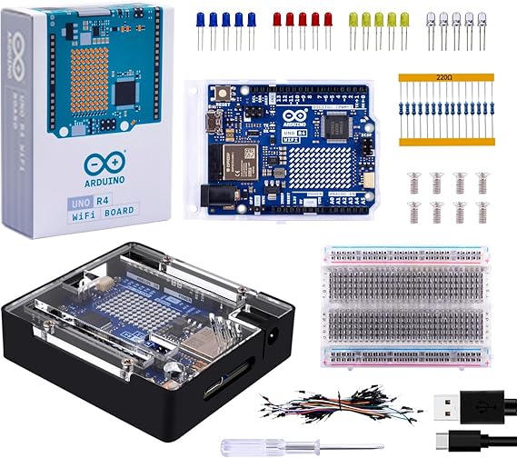 GeeekPi Matel Case for Arduino UNO R4 WiFi, with UNO R4 WiFi Board, LEDs, Jumper Wire, Breadboard and Resistor