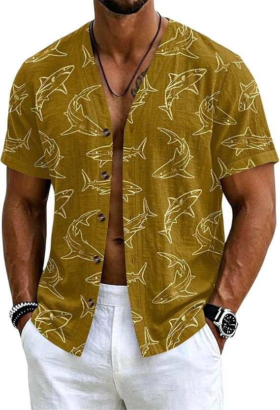 Men's Collarless V Neck Linen Shirts Short Sleeve Button Down Casual Summer Beach Vacation Tops