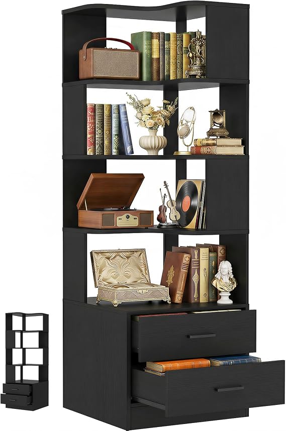 Armocity Corner Bookshelf with Drawers, Small Corner Shelf with Drawers