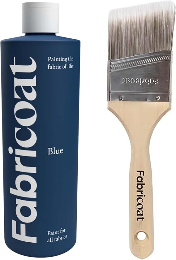 Fabricoat - Fabric Paint for Furniture 500ml (Blue) + Angled Paint Brush | Firm Bristled Brush with Wooden Handle | Restore or Change the Color of Couches, Chairs, Upholstery