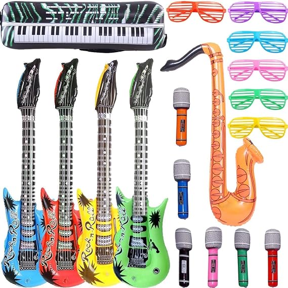 Inflatable Rock Star Toy Set, 18 Pack Inflatable Party Props - 4 Inflatable Guitar, 6 Microphones, 6 Shutter Shading Glasses, 1 Saxophone and 1 Inflatable Keyboard Piano Inflatable Rock Toys