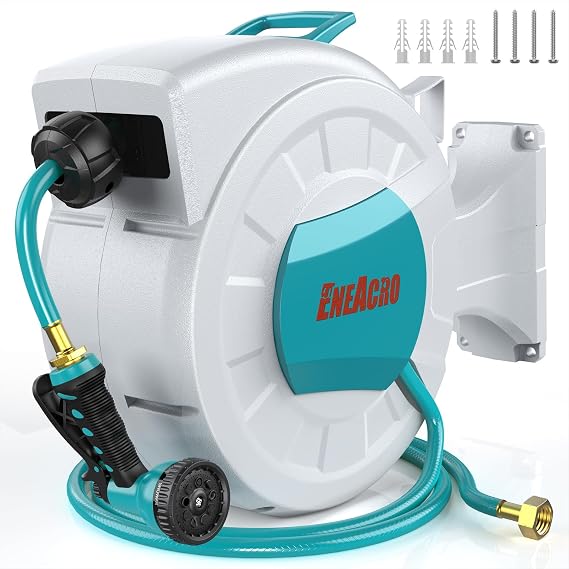 ENEACRO Retractable Garden Hose Reel 1/2"100ft with Wall Mount | 10 Pattern Hose Nozzle, Brass Connector, Auto Rewind/Any Length Lock/ 180 Swivel Bracket, Ideal for Garden Watering