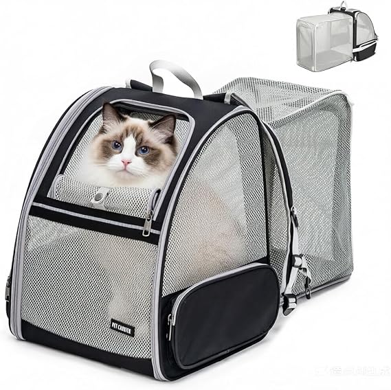 Cat Backpack，Expandable Cat Carrier Backpack, Dog Backpack Carrier and Pet Carrier Backpack, Suitable for Cats, Dogs Kittens to Large Cats 20 lbs or Small Dogs, Travel Friendly Puppy Cat Bag (Black)