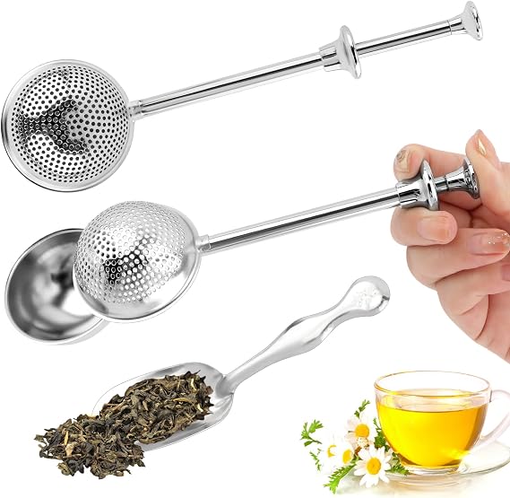 2 Tea Strainers Stainless Steel Tea Filter with Fine Mesh Handle and Spoon Tea Strainer for Loose Tea (Silver)