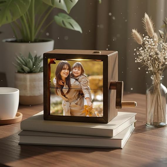 Custom Photo Flipbook Frame, Hand-Cranked Animation Box, Personalized Mechanical Picture Flipper, Flipbook Box with Light,Songs,Text,Engagement Christmas gift