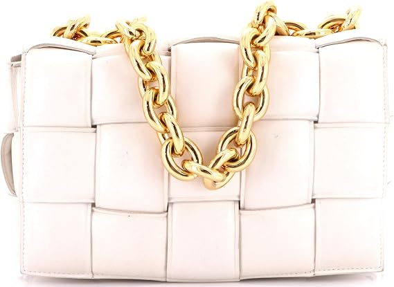 Pre-Loved Cassette Chain Crossbody Bag Padded Maxi Intrecciato Leather, White
