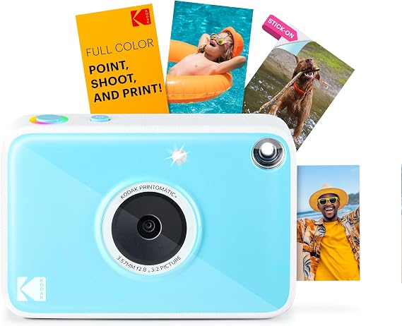 KODAK Printomatic+ Instant Print Digital Camera (Blue) 10MP Portable Camera with Interactive RGB LED Status Indicator, Prints Full-Color Photos on Zink 2x3” Sticky-Backed Photo Paper - Easy & Fun
