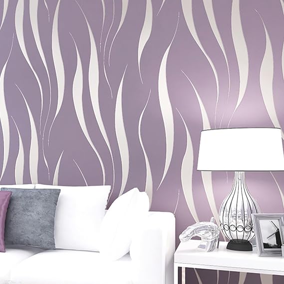 Baketron Purple Wallpaper Silver Glitter Textured 3D Effect Embossed Wallpapers Abstract Wave Stripes Wall Paper Roll Modern Feature for Living Room Bedroom Adults Hallway Kitchen Front Room
