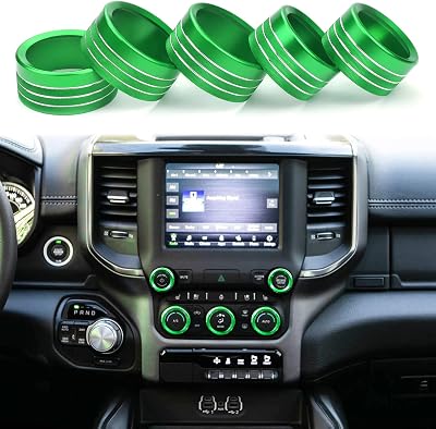 for 2019 2020 2021 Dodge Ram Accessories AC Climate Control Center Console Switch Knob Covers Radio Volume Tune AUTO Button Trim Ring,Green 5Pcs