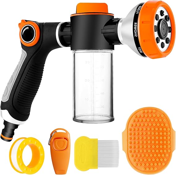 Dog Washing Hose Attachment,8 Sprayer Hosettachmen with Soap Dispenser,Dog Training Clicker and Dog Comb,3/4in Garden Hose Nozzle for Watering Plants,Car Washing,Showering Pet