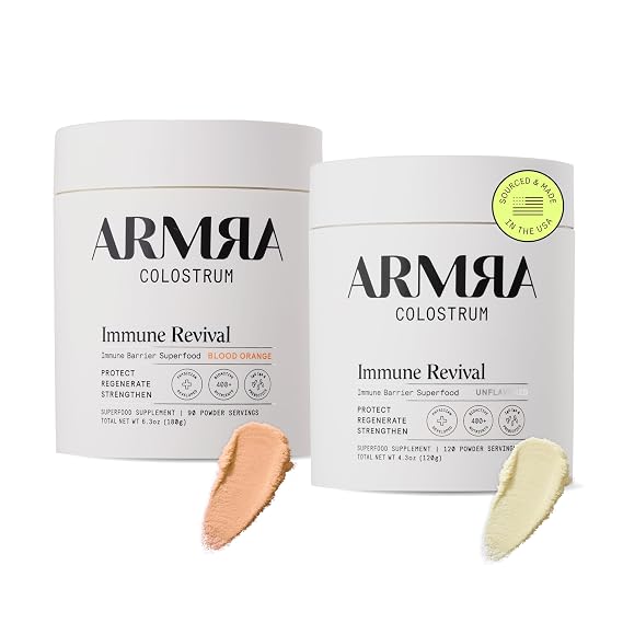 ARMRA ColostrumTM Premium Powder, Grass Fed, Gut Health Bloating Immunity Skin & Hair, Contains 400+ Bioactive Nutrients, Potent Bioavailable, Keto, Gluten & Fat Free (Unflavored and Blood Orange Jars)