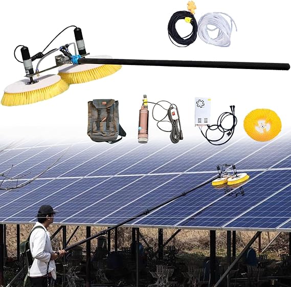 Solar Panel Cleaning Brush 70cm Dual Head Rotating Cleaning Brush, Water Powered Rod Kit Automatic Solar Panel Cleaning Tools,8M