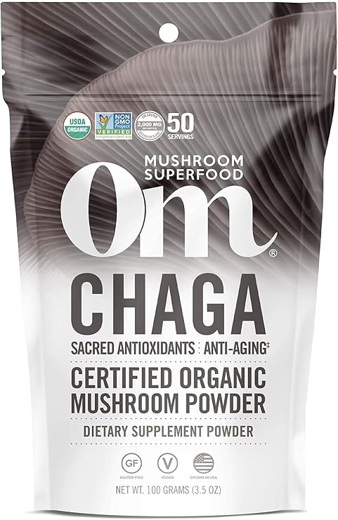 OM MUSHROOM SUPERFOOD Chaga Organic Mushroom Powder, 3.5 Ounce, 50 Servings, US Grown, Sacred Antioxidants & Immune Support, Superfood Mushroom Supplement