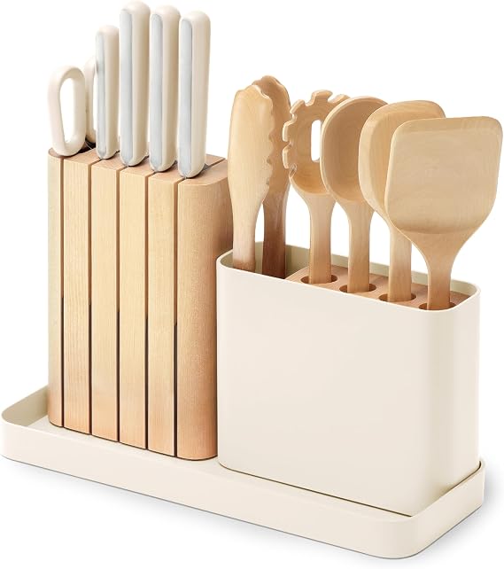 Caraway 14-Piece Kitchen Prep Tool Set with Knives & Utensils | Knife Set & Wooden Utensil Set, Made with Premium German Steel Blades & FSC-Certified Birch Wood, Non-Toxic Materials, Cream