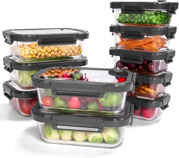 10-Pack Glass Food Storage Containers with Tempered Lids – Borosilicate, Airtight, Oven-Safe (-20℃~510℃), BPA-Free,1040ml& 370ml, Leak-Proof, Dishwasher Safe (Gray