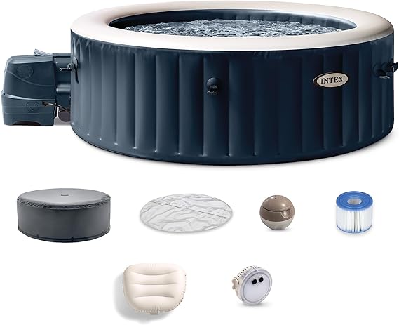 INTEX PureSpa Plus 6 Person Round Inflatable Hot Tub, Bubble Massage Spa Set with Energy Efficient Cover, 2 Headrests, LED Light, 85 in x 28 in