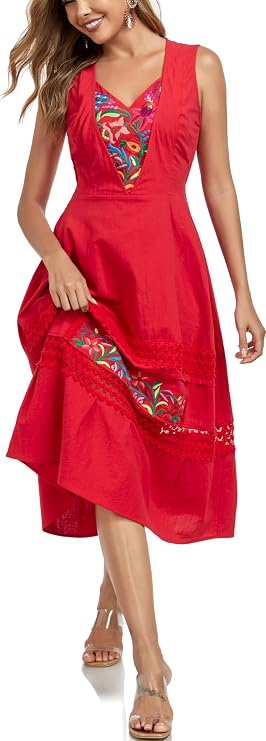 Women Mexican Sleeveless Floral Embroidered Midi Dress Boho Tank Dress