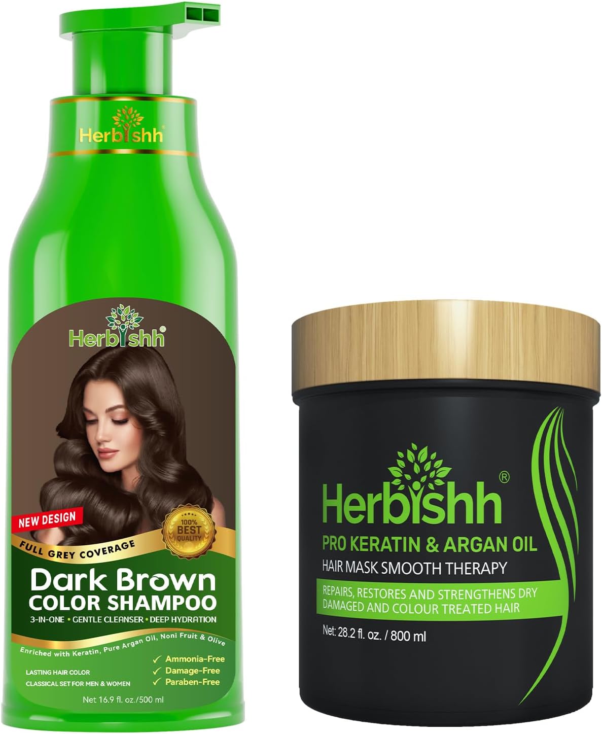 Herbishh Hair Color Shampoo &amp; Argan Mask Combo – Dark Brown 500ml + 800gm – 3-in-1 Ammonia-Free Dye &amp; Deep Conditioner for Dry, Weak Hair – No Sulphates or Parabens