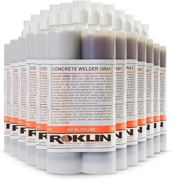 Roklin Systems, Inc. - Concrete Welder Rapid Crack Repair, Quick-Drying Concrete Crack Filler, Foundation Crack Repair Injection Kit with Static Mixer, Pavement/Driveway Sealant, 12-Pack, Gray