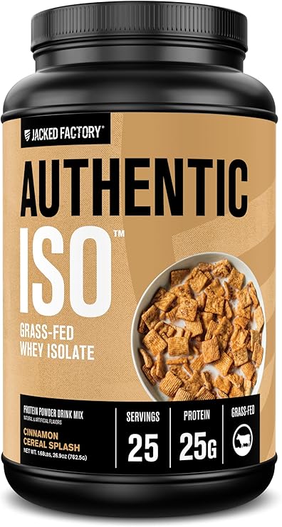 Jacked Factory Authentic ISO Grass Fed Whey Protein Isolate Powder - Low Carb, Non-GMO Muscle Building Protein w/No Fillers, Post Workout Recovery, Cinnamon Cereal Splash - 25 Servings
