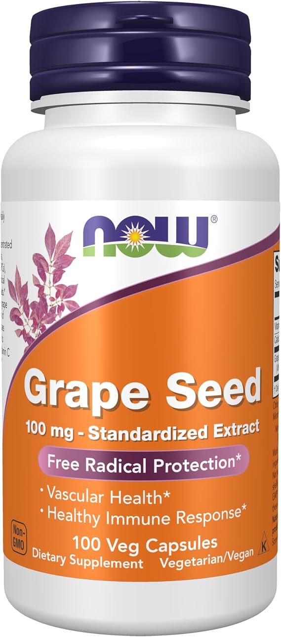 NOW Supplements, Grape Seed 100 mg - Standardized Extract, Highly Concentrated Extract with a Minimum of 90% Polyphenols, with Vitamin C, 100 Veg Capsules