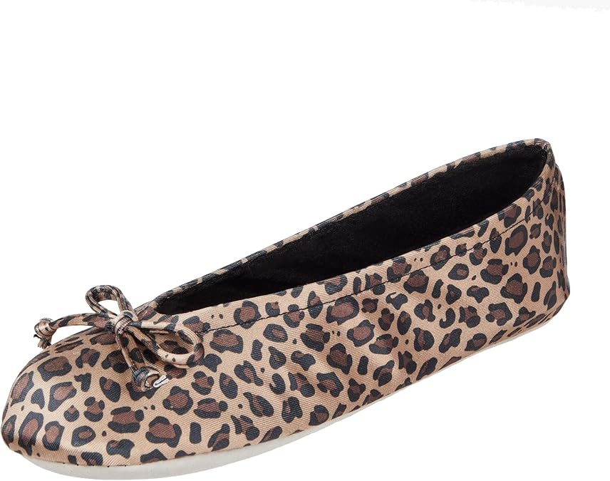 Isotoner Women's Satin Ballerina Slippers with Soft Tie Bow and Suede Sole, Cheetah, 6.5-7.5