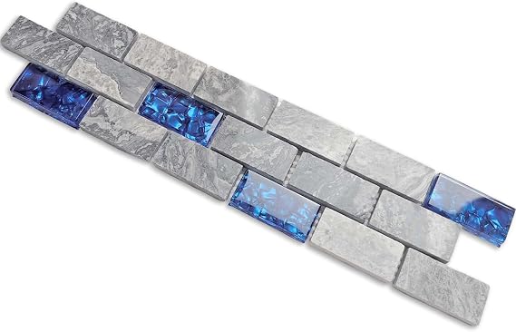 Blue Glass & Gray Marble Mosaic Subway Tile Backsplash Sample