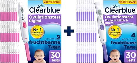 Clearblue Kinderwunsch Ovulation Test Kit 60 (30 Digital + 30 Advanced) Ovulation Tests to Identify 2 to 4+ Fertile Days) 2 Digital Test Holders Fertility Test for Women
