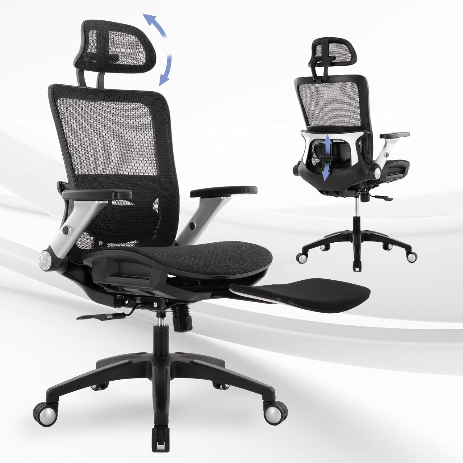 COLAMY Executive Mesh Office Chair with Footrest Ergonomic Chair High Back with Adjustable Lumbar Support Computer Desk Chair for Office Work Black
