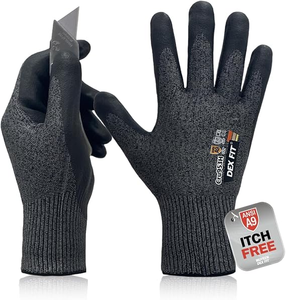 DEX FIT Cru953H Level A9 Cut Resistant Gloves, Fiberglass-Free, Power Grip Foam Nitrile, 3D Comfort Fit, Touchscreen, 13-Gauge for Sheet Metal, Stamping, Glass, Recycling; Blackgray L 1 Pair