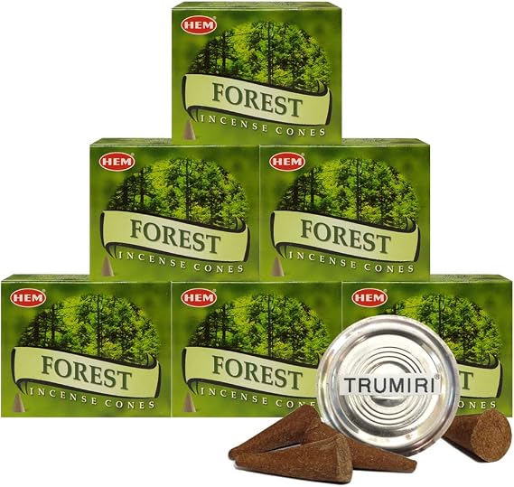 TRUMIRI Incense Cone Holder Bundle with Hem Forest Incense Cones - Pack of 6 (Approx 60 Cones)