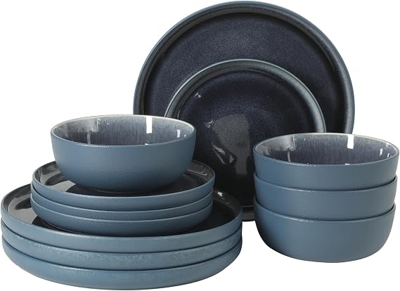 Gibson Elite Reactive Stoneware Dinnerware Set - Tahoe Sunset Matte Exterior & Shiny Interior Blue | 12-Piece Plates and Bowls, Durable Everyday Dish Set, Microwave & Dishwasher Safe