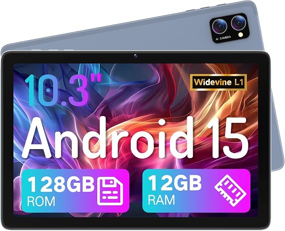 Android 15 Tablet, 10.3", 12GB RAM, 128GB Storage, Octa-Core | 1280x800 HD touchscreen with up to 2TB expandable storage, 8H battery, Wi-Fi, and Bluetooth 5.0 for home and travel
