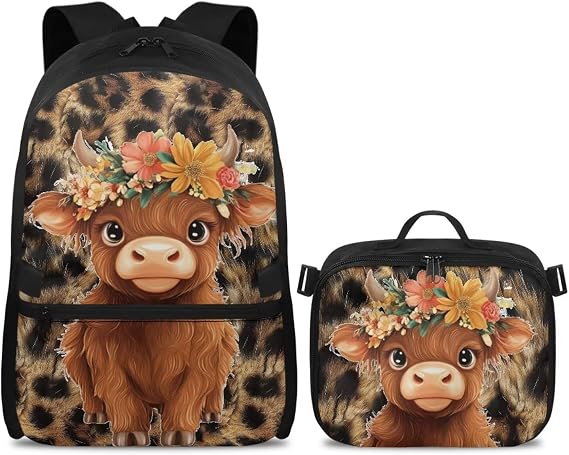 Highland Cow Preschool Girl Backpack And Lunch Box Set 17Inch School Set for Girls 2-Piece Backpack Lunchbox Combo, Lightweight Adjustable Bookbag with Thermal Lunch Bag for Travel
