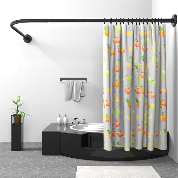 Shower Curtain Rail Rod L Shape, Adjustable Shower Curtain Rail 95x175 cm/100x165 cm Stainless Steel Curved Shower Rail,Black Shower Pole with Stainless Rings for Bathroom Locker Room