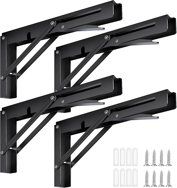4 PCS Wall-Mounted Folding Shelf Brackets, Heavy Duty Table Brackets Supports Space Saving Folding Hinge for Home Kitchen Office Max Load 220 lbs/100 kg (Black, 10 inch)
