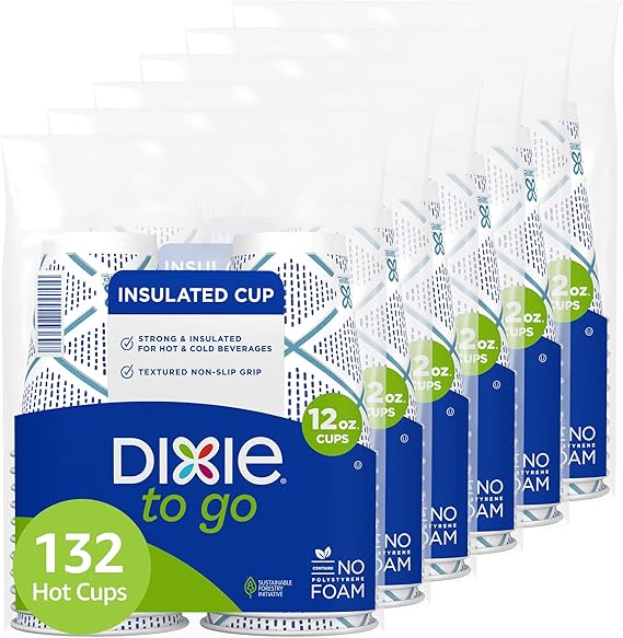 Dixie To Go Paper Coffee Cups, 12 oz, 132 Count (6 packs of 22 cups), Disposable Insulated Paper Cups for On-The-Go Hot or Cold Beverages