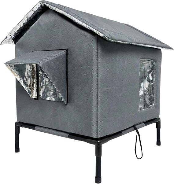 Outdoor Cat House Waterproof Cat Shelter Elevated Cat Niche Cozy Cushion Oxford Aluminum Materials Suitable for Porch Balcony, Dark Grey, L