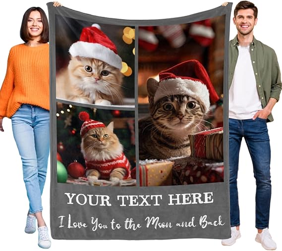 Ships Next Day, Custom Cat Blanket with Photos & Name, Personalized Soft Sofa Throw Blankets with Pictures for Cat Lover/Cat Mom/Cat Dad/Men/Women, Printed in USA