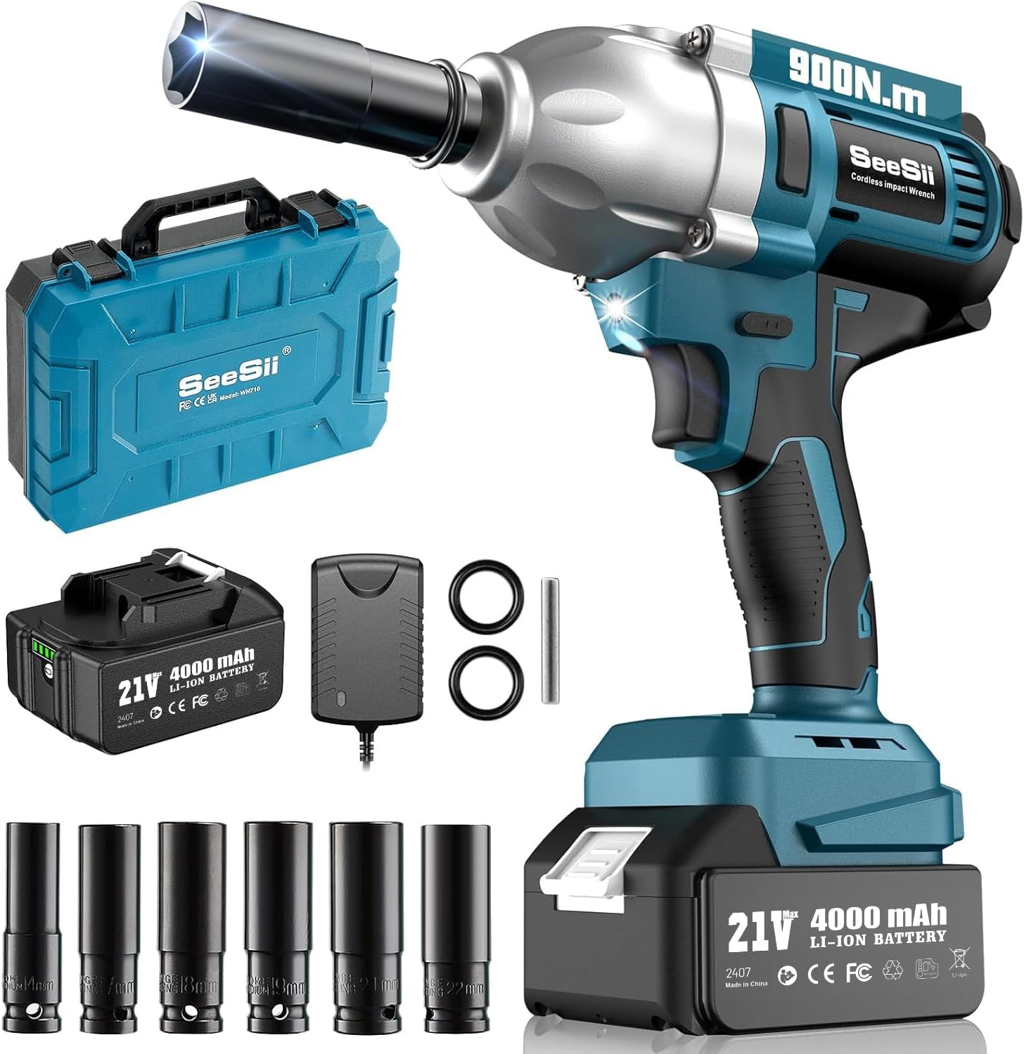 Seesii Cordless Impact Wrench, 900N.m665ft-lbs Power Impact Gun 12 Inch, 4.0Ah Battery, 3300RPM Impact Wrench, 6 Sockets, Electric Impact Driver for Home Car Truck Mower Father Dad Husband