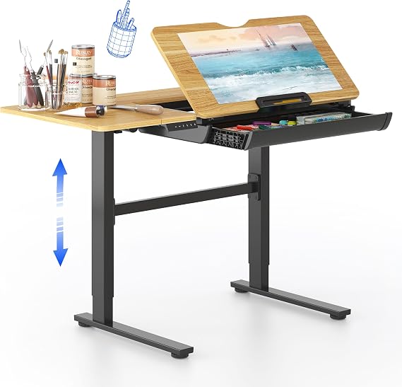 FLEXISPOT Electric Drafting Table Adjustable Height 47.2"x23.6" Standing Drawing Desk Extendable Top Craft Workstation w/Tilting Tabletop, Storage Drawer for Study, Office, Studio, Art, Adult & Kid