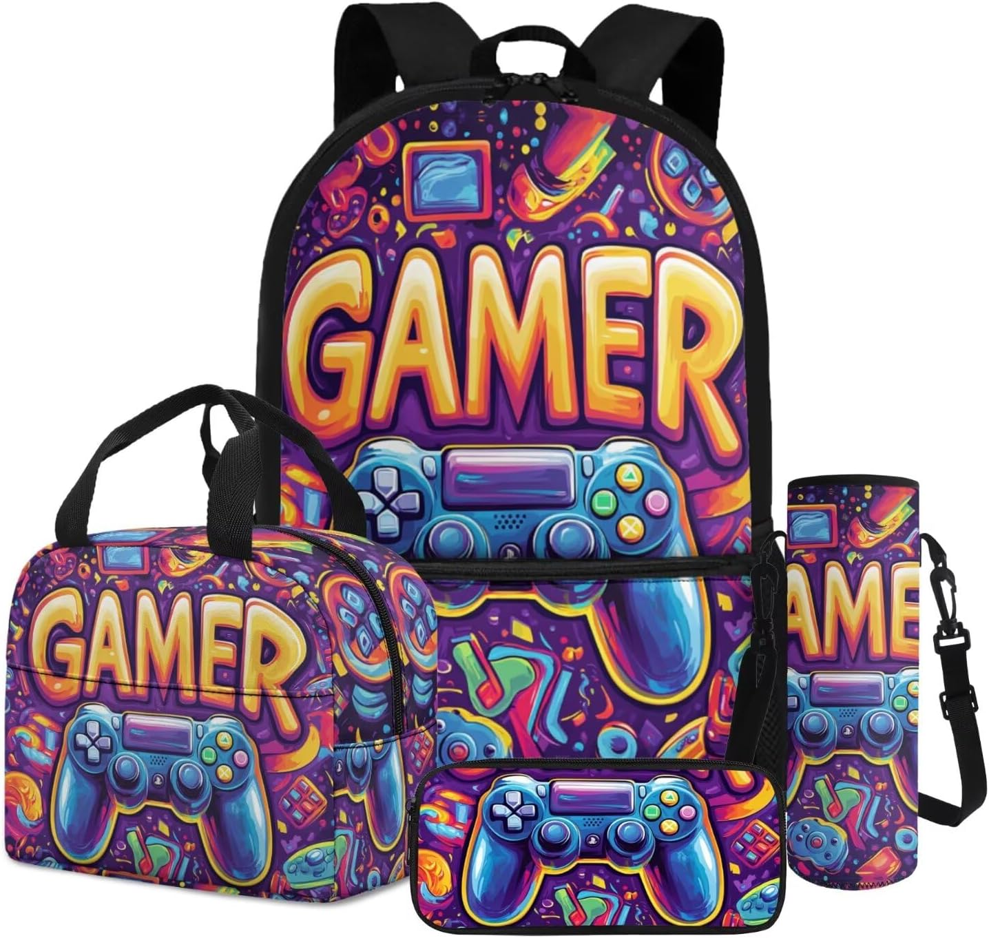 Dngkaoje Cool Gamer Backpack for Boys Schoolbags Set,4 pcs Aesthetic Gaming Print Book Bag with Pencil Case Lunchbox Water Bottle sleeve for Primary Middle School Rucksack Back School Gift Set