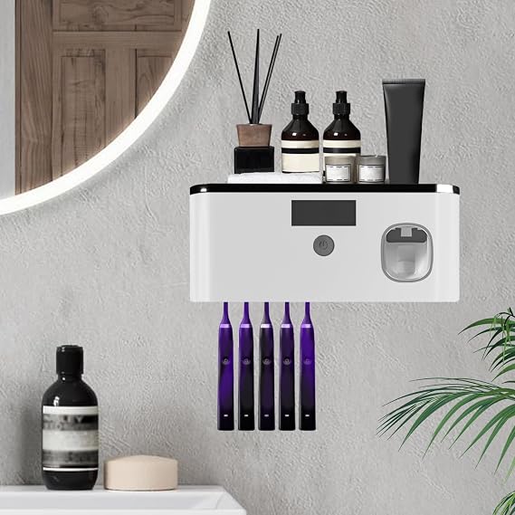 Toothbrush Holders for Bathrooms, Toothbrush Holder Wall Mounted with Toothpaste Dispenser, Rechargeable Cordless Wall Mounted Tooth Brushing Holder and Bathroom Accessories (Black Gray)