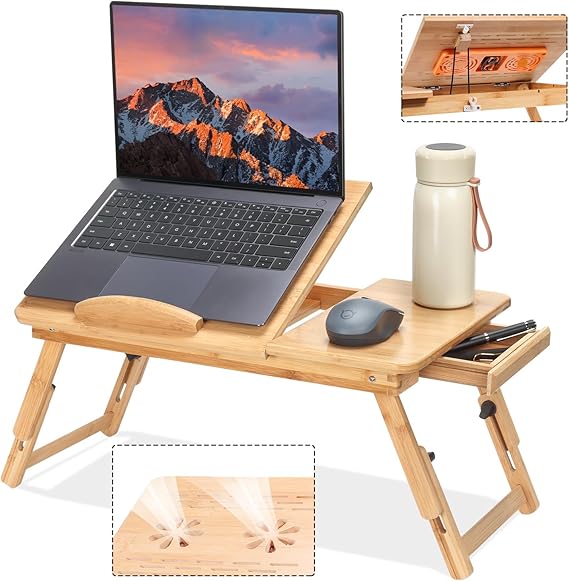 Adjustable Bamboo Laptop Desk with Cooling Fan, Foldable Bed Tray for Breakfast, Writing, and Drawing, with Tilting Top and Drawer, Portable Lap Desk for Bed, Sofa, and Floor. (bamboo)