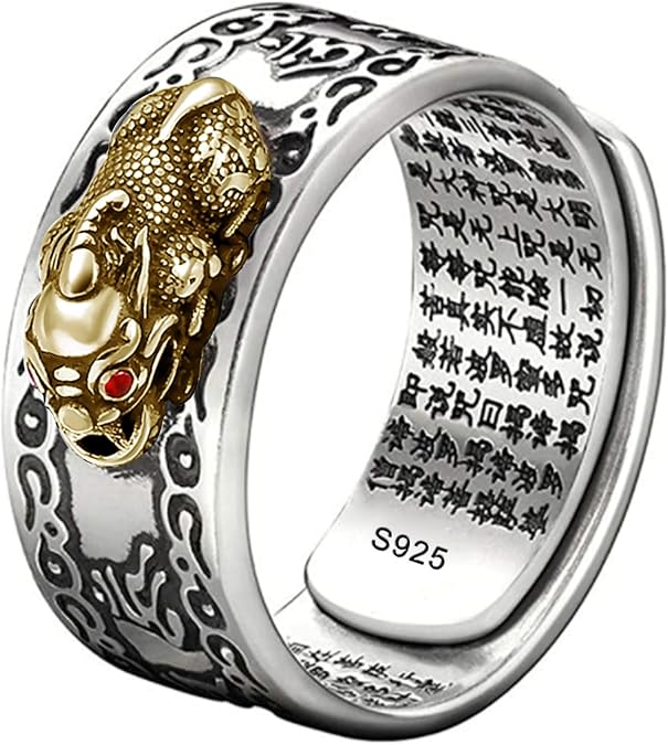 925 Silver Feng Shui PiXiu Adjustable Ring MANI Mantra Protection Wealth Ring