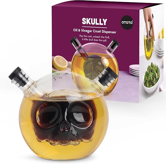 OTOTO 2-in-1 Glass Oil and Vinegar Cruet - Skull Oil Dispenser and Vinegar Bottle, Salad Dressing Dispenser, Bread Dipping, Spooky Kitchen Gifts, Unique Kitchen Gadgets (Skully-Olio)