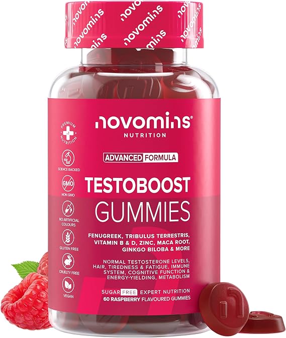 Testosterone Booster Gummies | Maca Root, Tribulus Terrestris | Novomins | 60 Gummies | Testosterone Supplements for Men with Vitamin D & Zinc | Vegan & Gluten-Free | 1-Month Supply