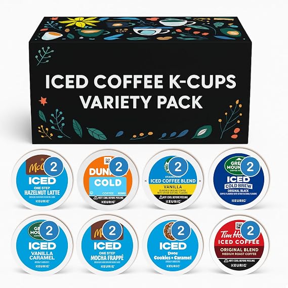 Cold Iced Coffee K-Cups Variety Pack 8 Flavors, 16 Pods Top Brands in One Box Vanilla, Caramel, Hazelnut Latte, Mocha Frappe, Cookies and more Keurig Compatible