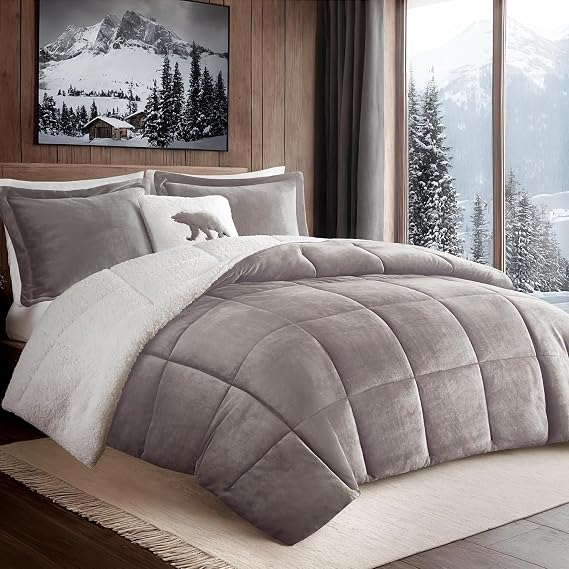 Woolrich Soft Plush Sherpa Reversible King Comforter Set, Grey & Ivory 4PC