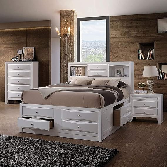 Queen Bed with Storage, Solid Wood Queen Size Bed Frame with Headboard (2 Bookcase, 2 Drawers), Footboard (4 Drawers), Rail with 2 Drawers, Wooden Slat, No Box Spring Needed, White